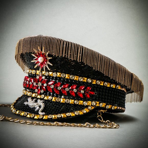 Festival Rave Burning Man Captain Hat Black Gold Military Cap with Gold Chain